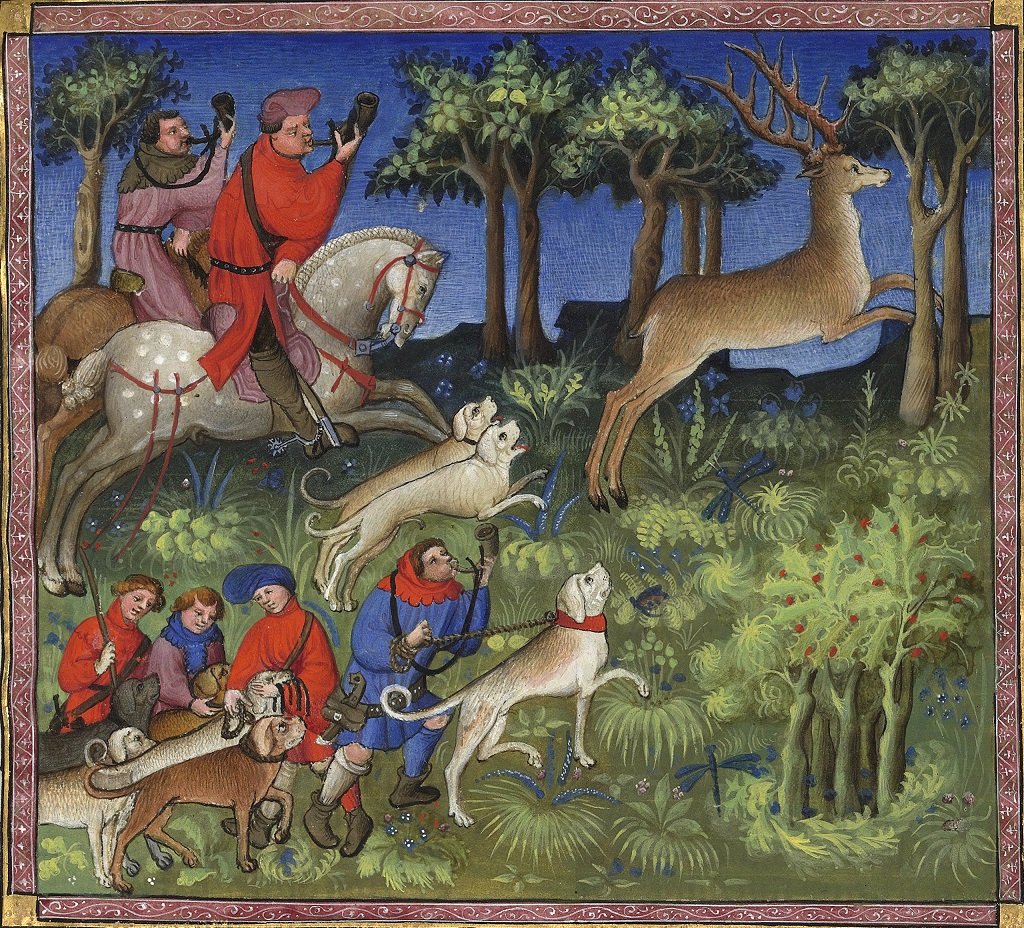 An historical scene picturing a deer hunt in the New Forest with men on horseback and dogs chasing a stag