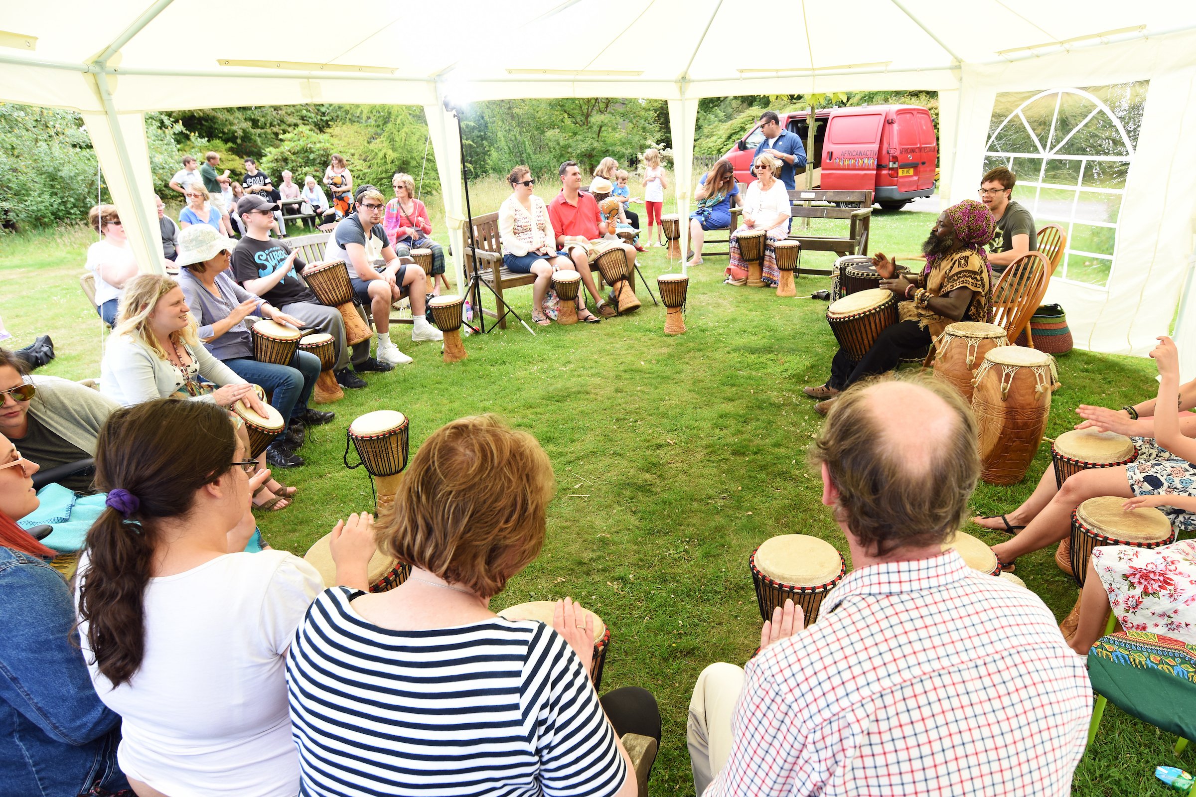 Drumming workshop with Kwambe at Furzey Gardens for the 2017 Arts Festival