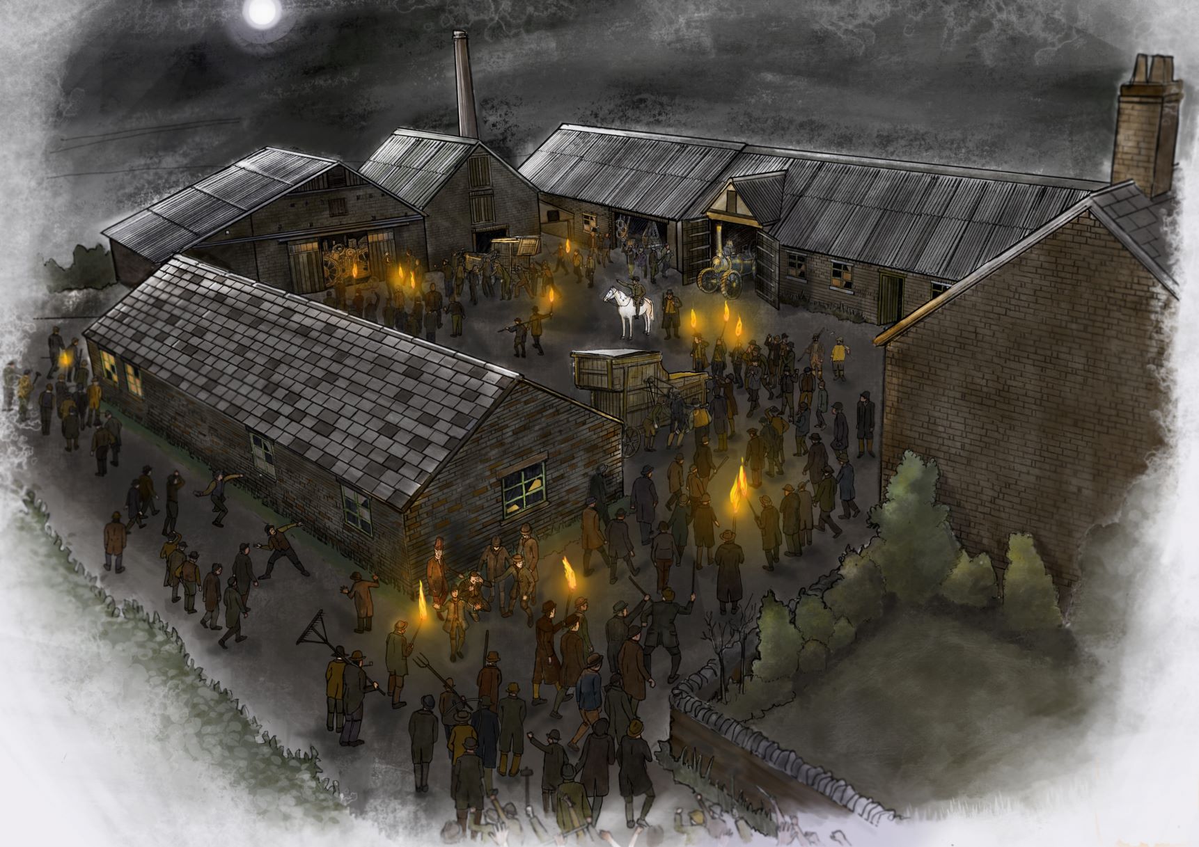 Drawing of people carrying torches and gathered around a courtyard of buildings at night.