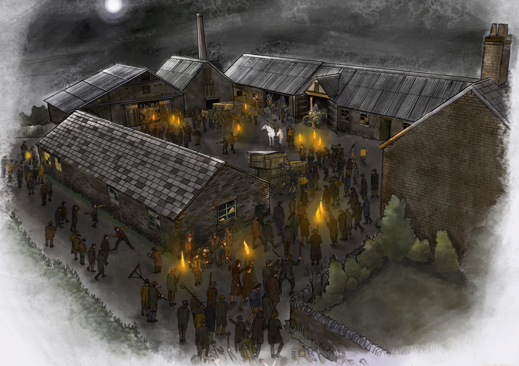 Reconstruction of swing riots at Stuckton Iron Works. © Wessex Archaeology, by Jennie Anderson. Drawing of people carrying torches and gathered around a courtyard of buildings at night.