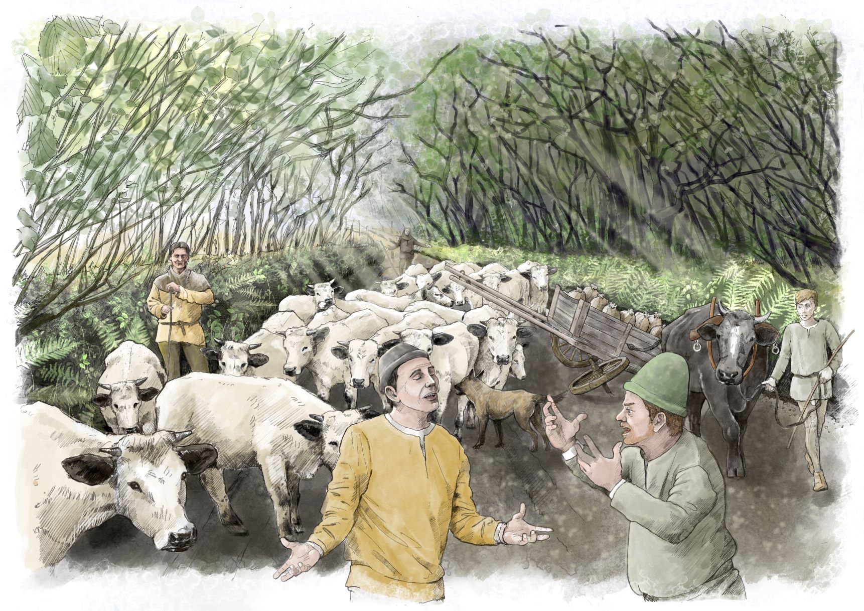 Drawing of farmers surrounded by cows and tall trees behind.