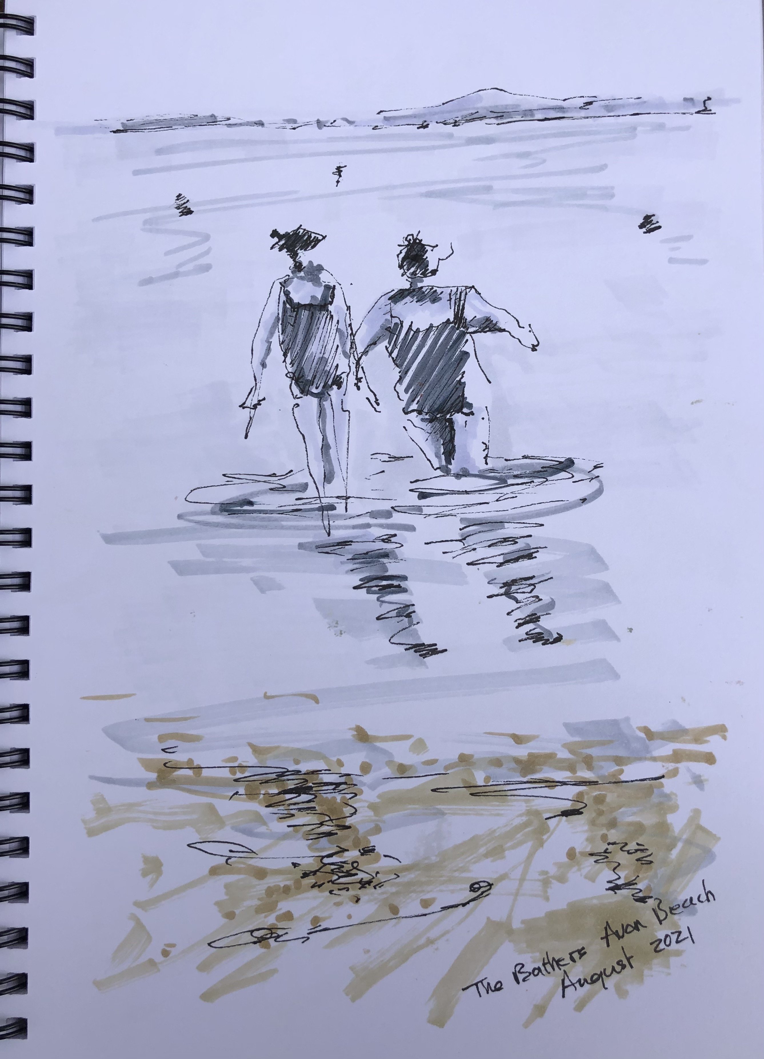 Painted sketch of ladies in the sea