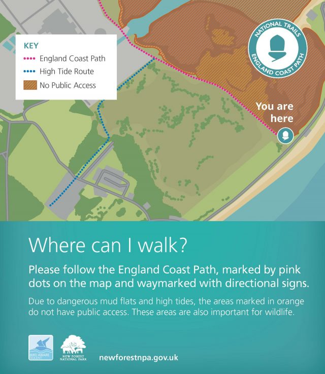 Map of the England Coast Path starting at Calshot. It also reads where can I walk? Please follow the England Coast Path, marked by pink dots on the map and waymarked with directional signs. Due to dangerous mud flats and high tides, the areas marked in orange do not have public access. These areas are also important for wildlife. 