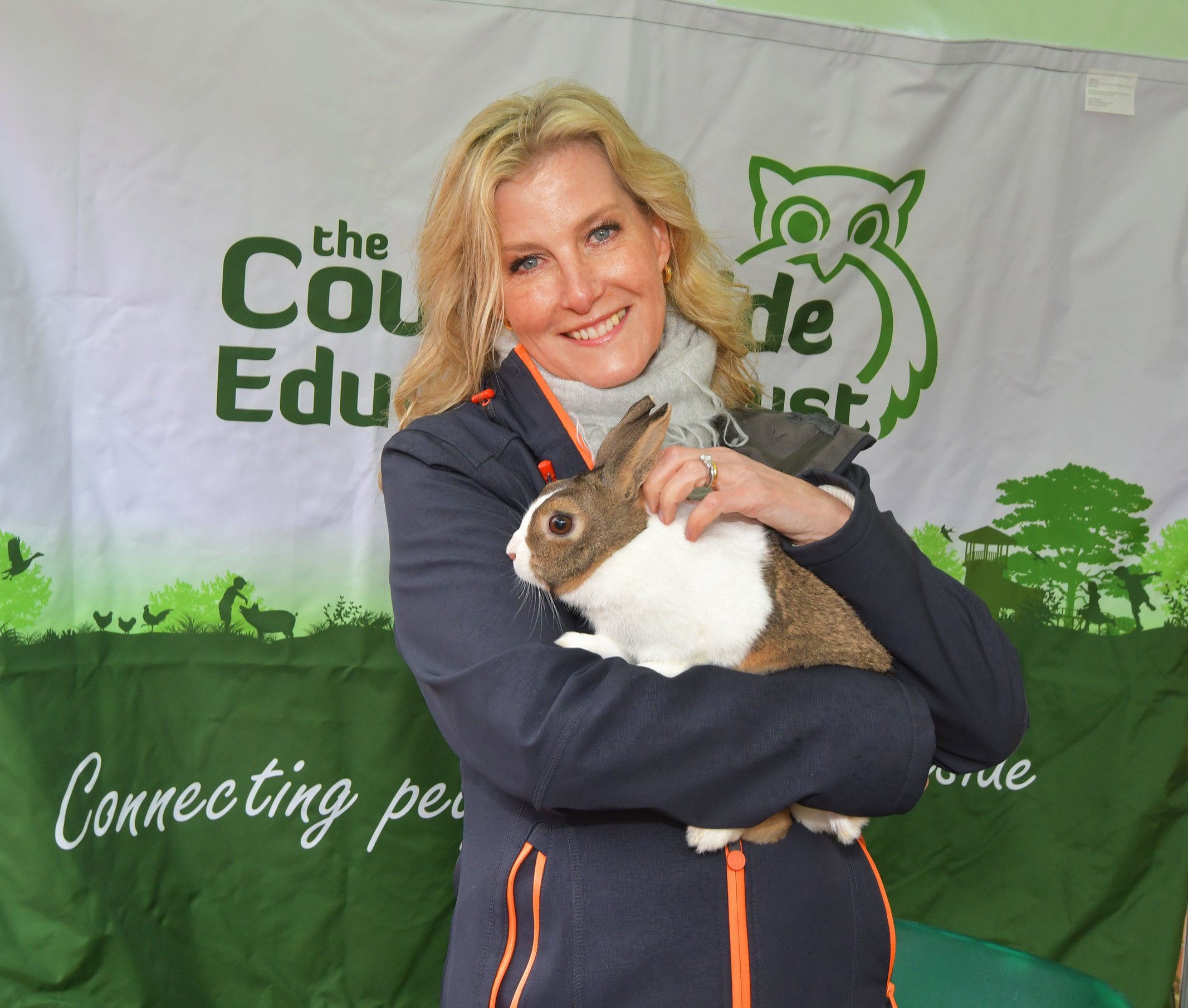 HRH The Duchess of Edinburgh holding pet rabbit at CET