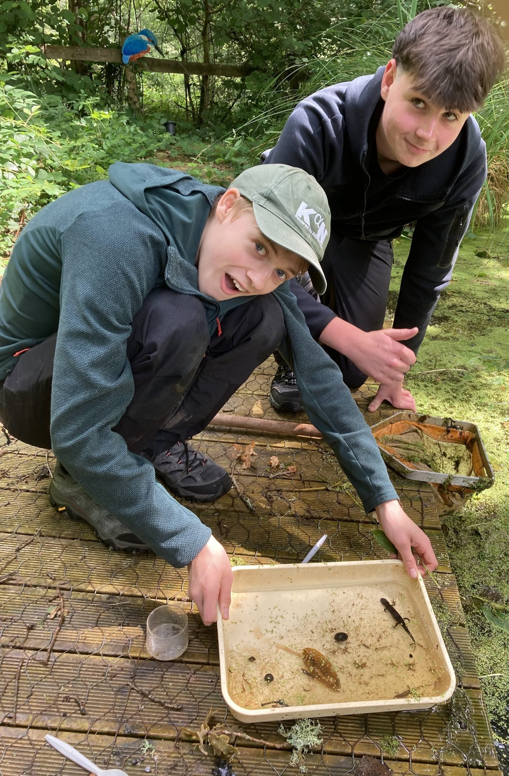 Pond dipping session (credit CET) Two young people holding a plastic tub with water and pond life they look amazed