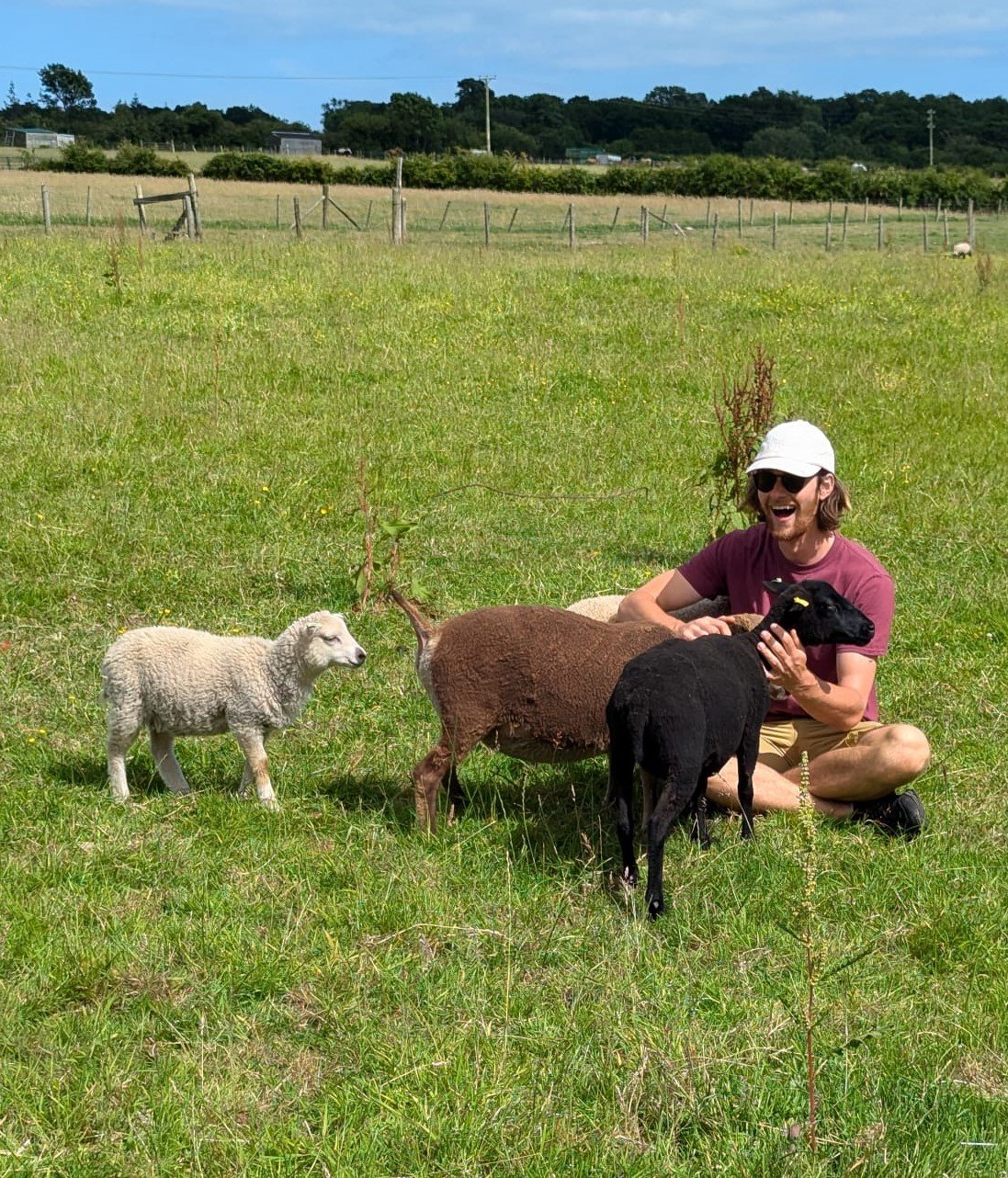 CET farm assistant Alistair sat with some sheep
