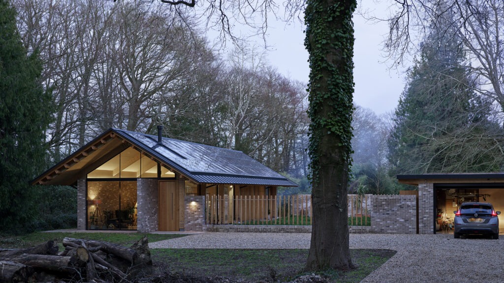 a new build house in woodland at dusk