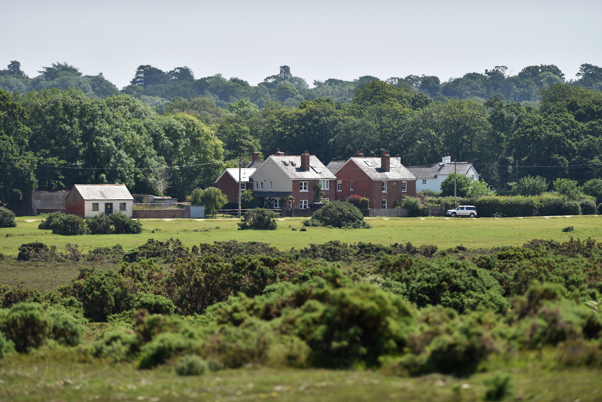 a group of redbrick houses with grassland and trees around