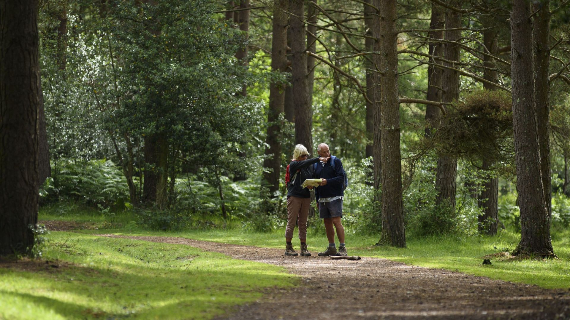 a woman pointing with a man looking at a map walking on a path among trees