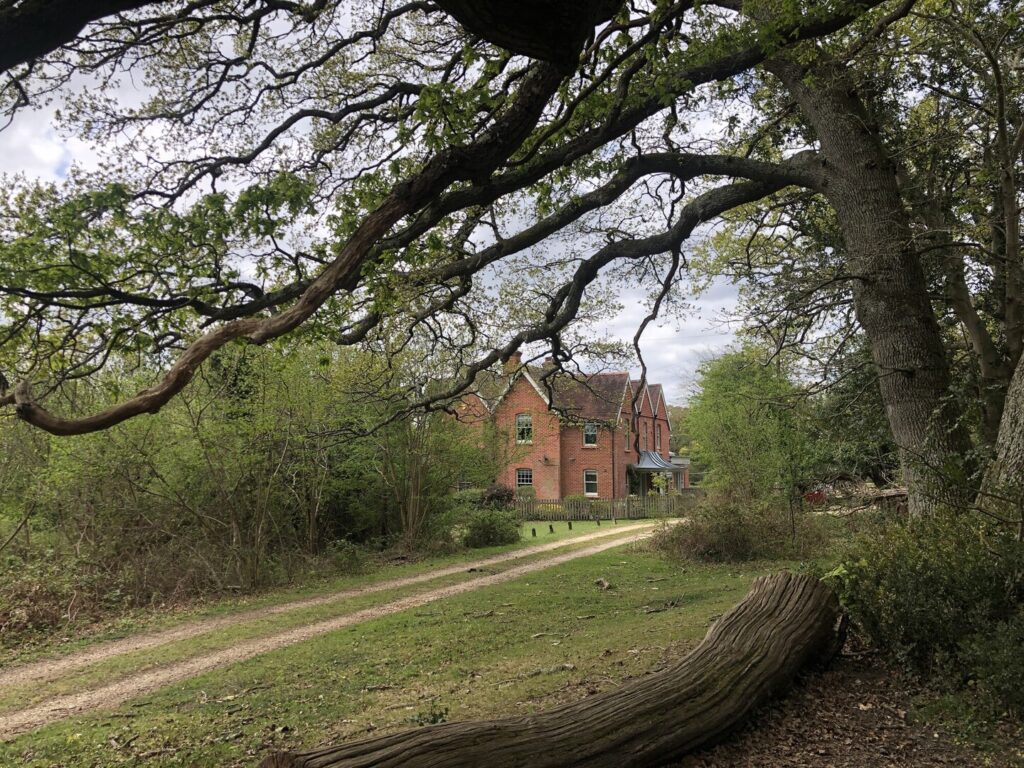 a large red brick house behind trees