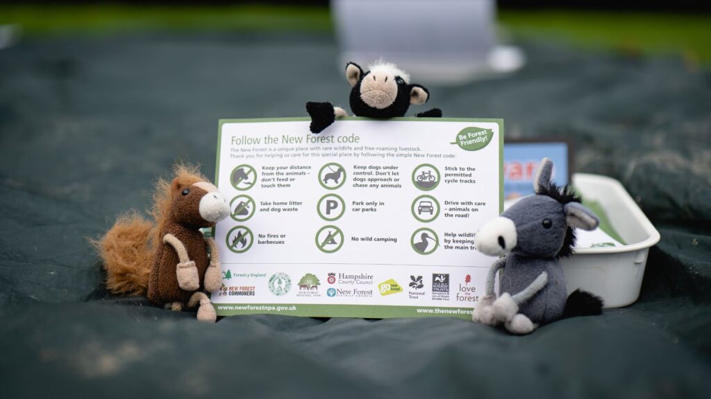 New Forest code leaflet held up by soft animal toys