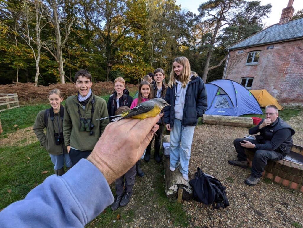 A group of young people look in amazement at a bird on someone's hand