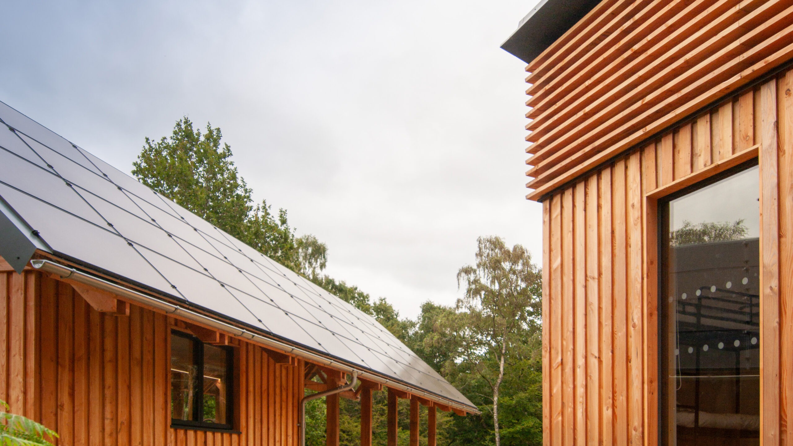 two modern wooden buildings