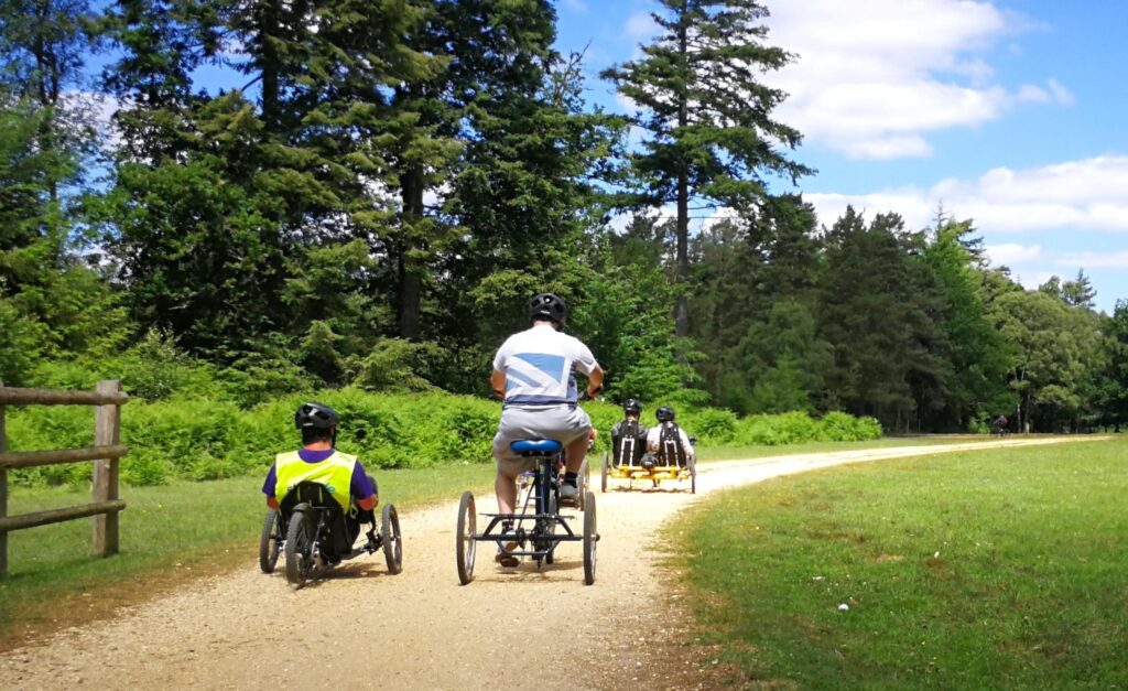 inclusive bikes on a gravel track in the Forest