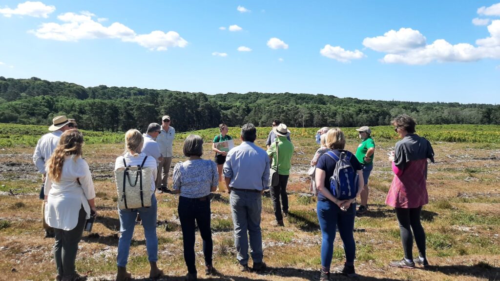 a group of people standing talking in an field