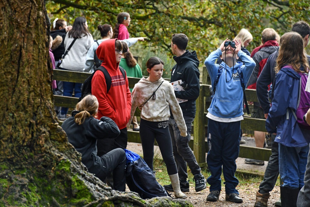 Three teenagers looking around a woodland, one has binoculars. NPA staff are with them. A group of people are stood at a viewing platform in the background.