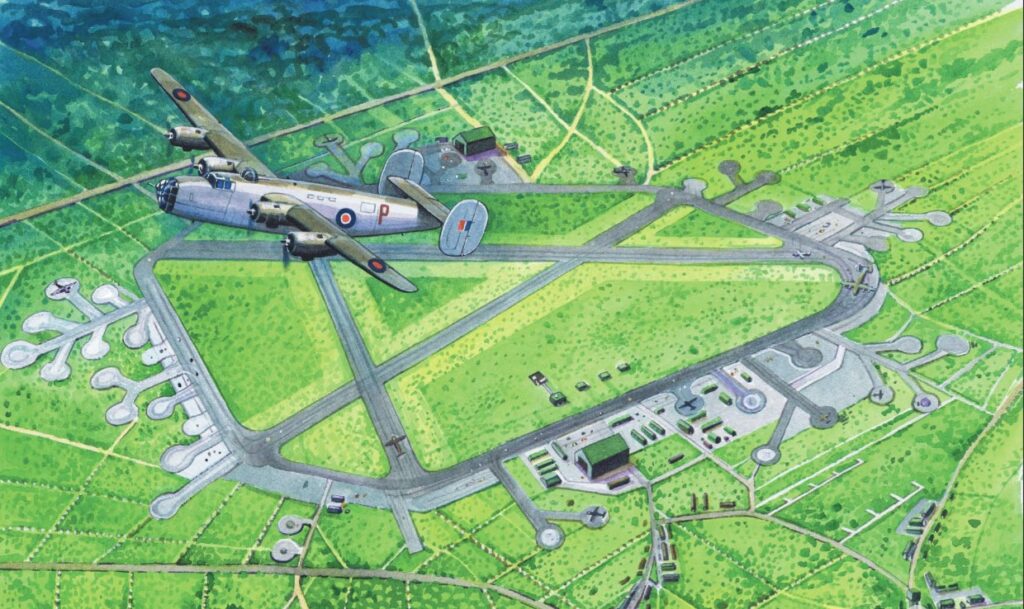 Artist illustration of RAF Beaulieu with an RAF Liberator bomber