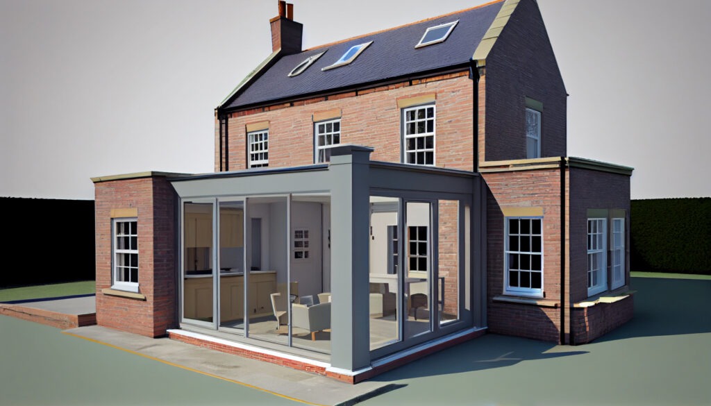 Modern sunroom or conservatory extending into the garden, surrounded by a block paved patio