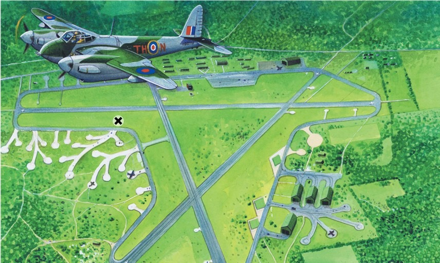 1944 illustration of RAF Holmsley South airfield with runways and dispersal bays, with an RAF Mosquito shown flying overhead
