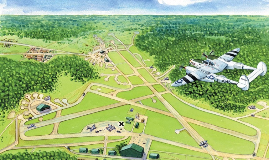 Illustration of RAF Stoney Cross airfield in the 1940s, with an X marking a panel location and a USAAF P-38 Lightning overhead
