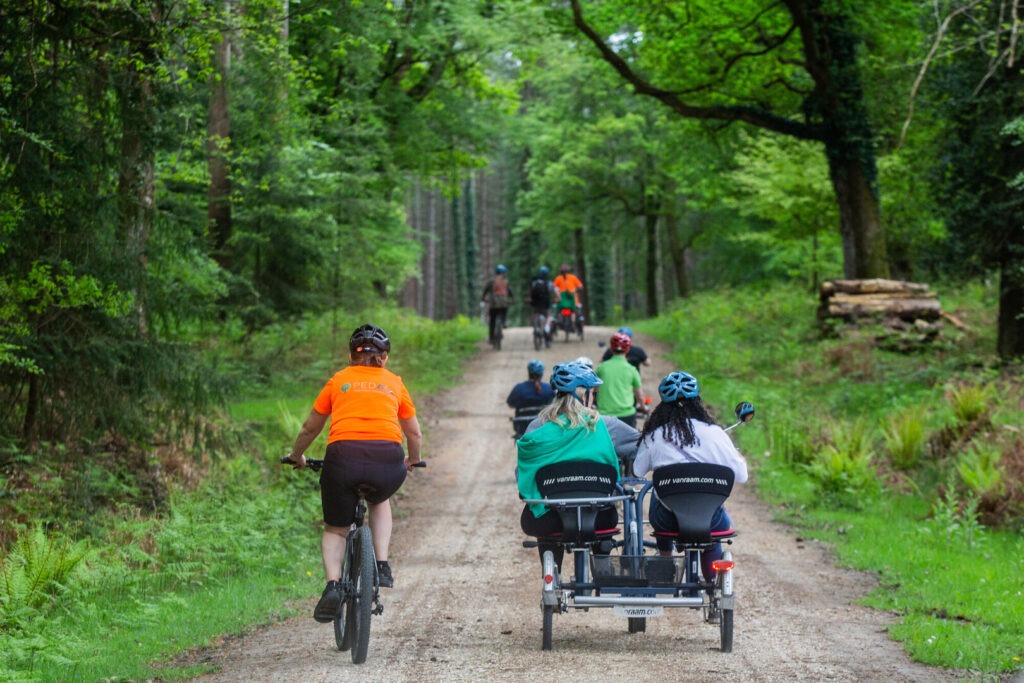 Riders on a New Forest track using specialist cycles from PEDALL - New Forest Inclusive Cycling.