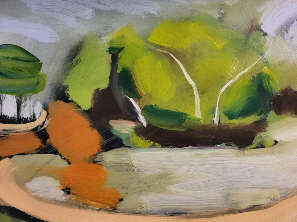 Abstract painting of green bushes and trees with white trunks, brown ground, and orange shapes on a gray background