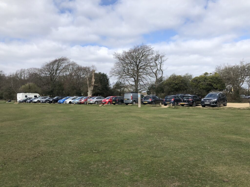 cars parked by a field