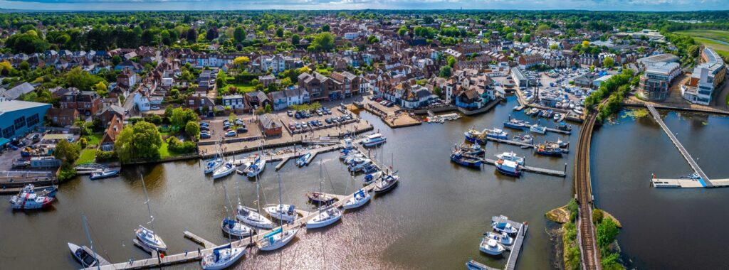 Aerial view of Lymington, a port town in the New Forest district of Hampshire, England