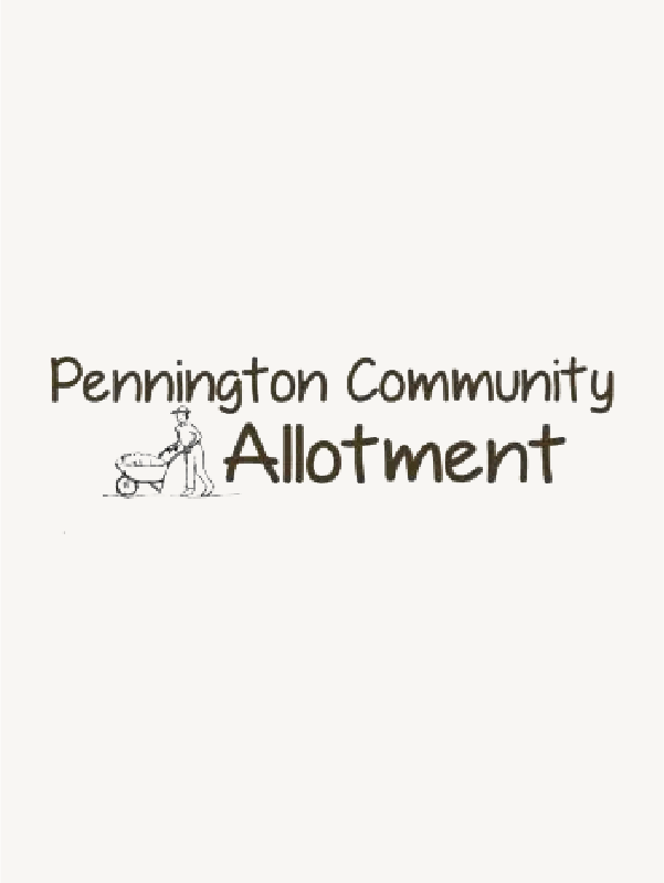 Pennington Community Allotment logo with a small illustration of a person pushing a wheelbarrow