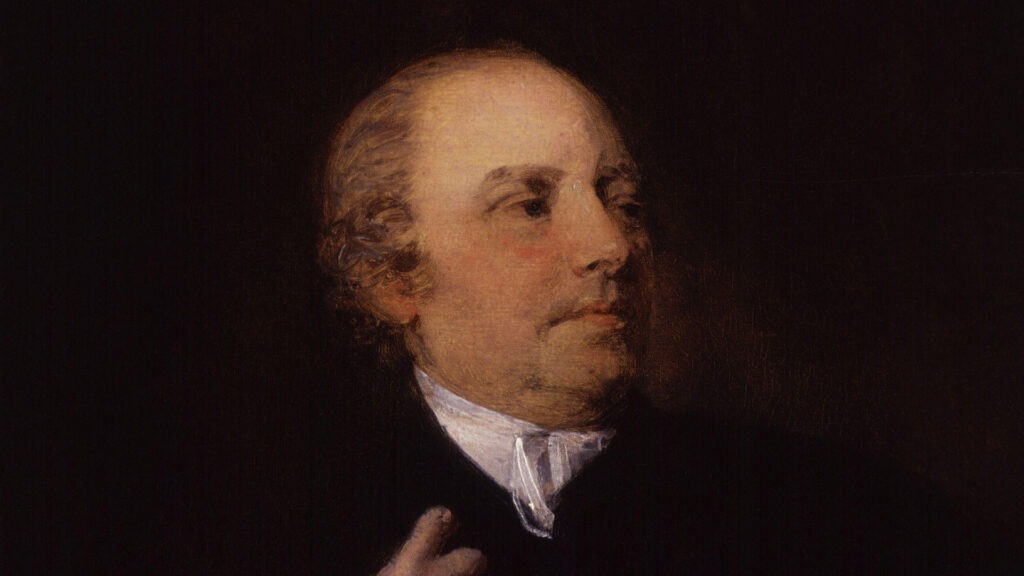 Painted portrait of a balding man in a dark coat with a white neckcloth, shown in profile against a dark background