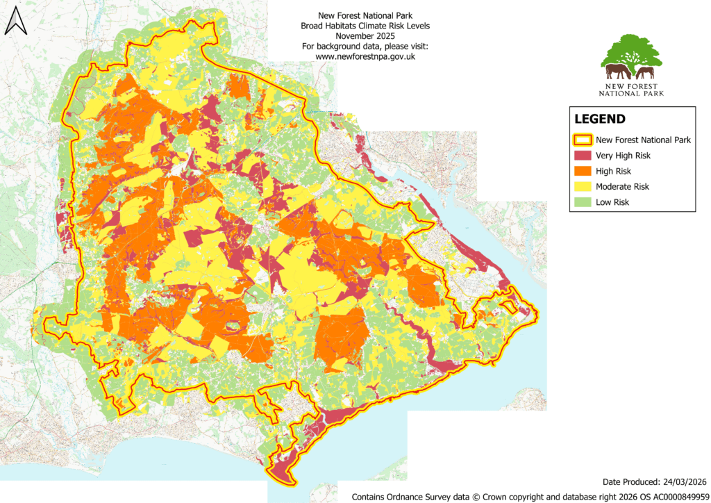 Map of New Forest National Park showing habitat climate risk levels: very high (red), high (orange), moderate (yellow), low (green)