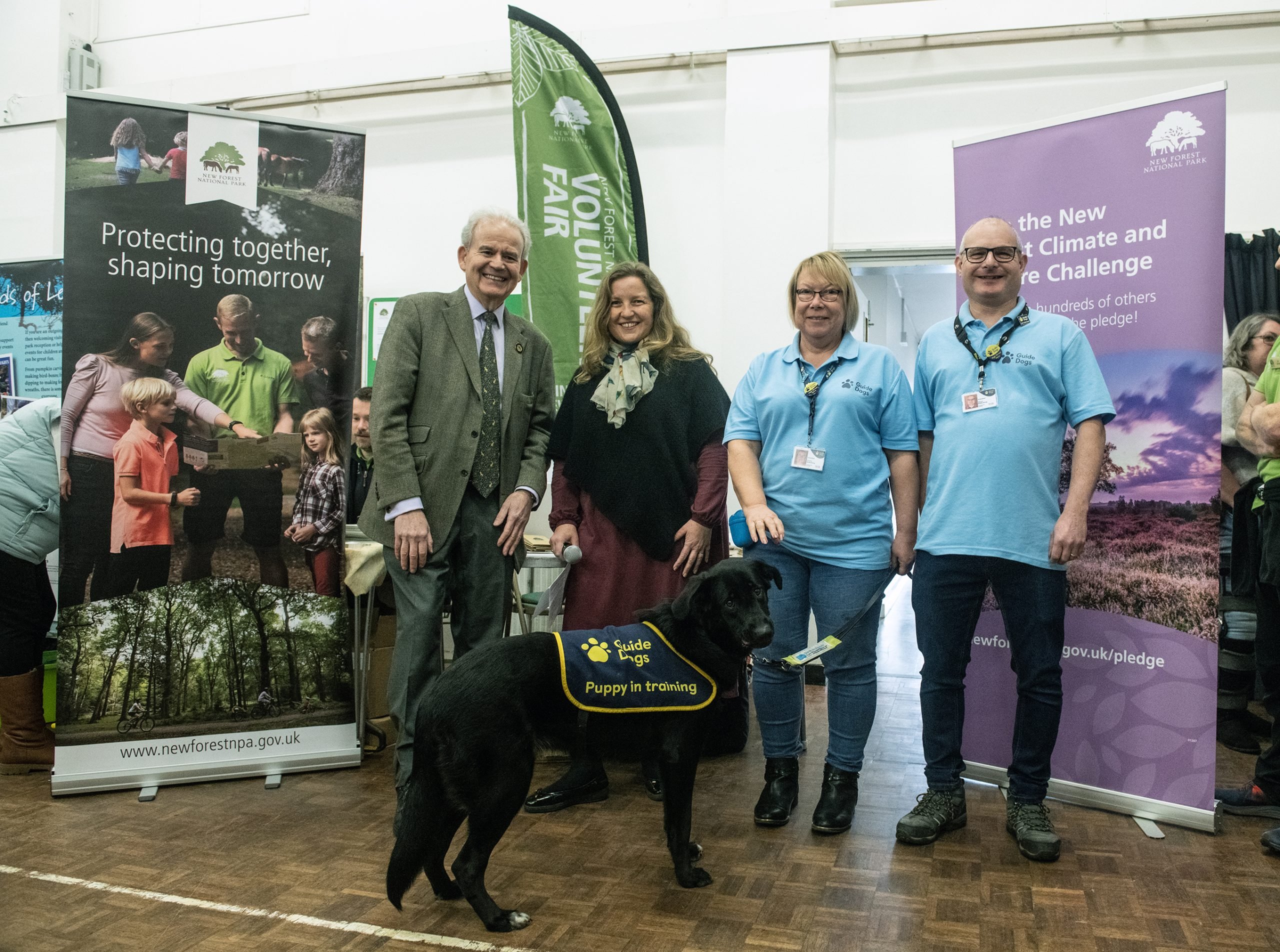 New Forest National Park Volunteer Fair 2023 Sir Julian Lewis, Alison Barnes, Sharon, Simon and Aretha from Guide Dogs UK