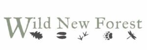 Wild New Forest logo with grey text and small black icons of a leaf, paw prints, bird tracks, and a dragonfly