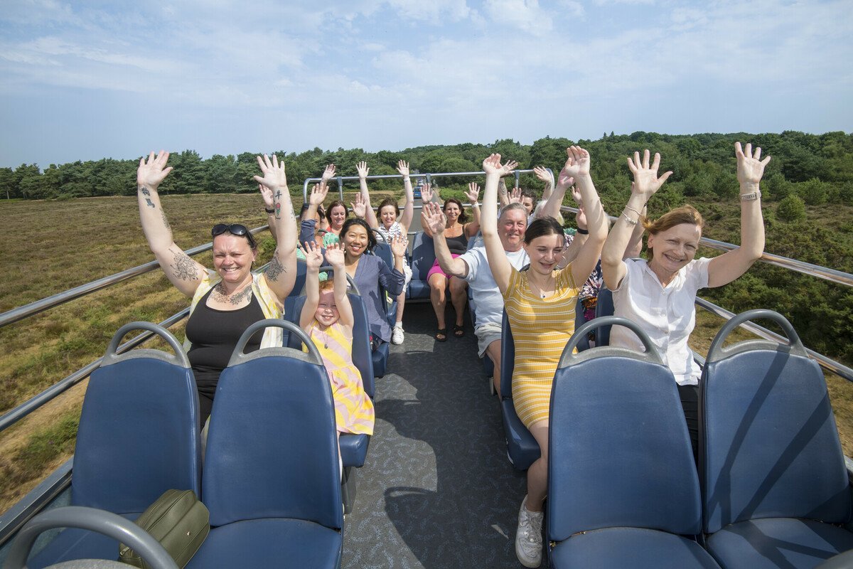 A group of people sat on the open-top deck of the New Forest Tour bus with their arms in the air