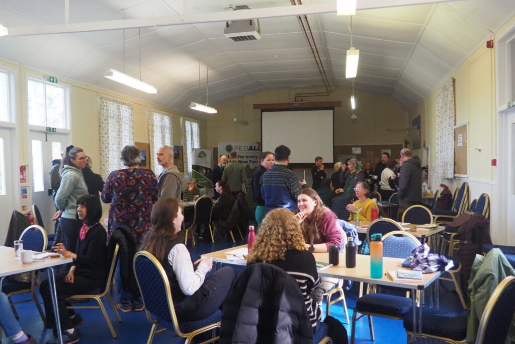 People gather in a room to discuss wellbeing in the New Forest. Some are standing and others are sitting.