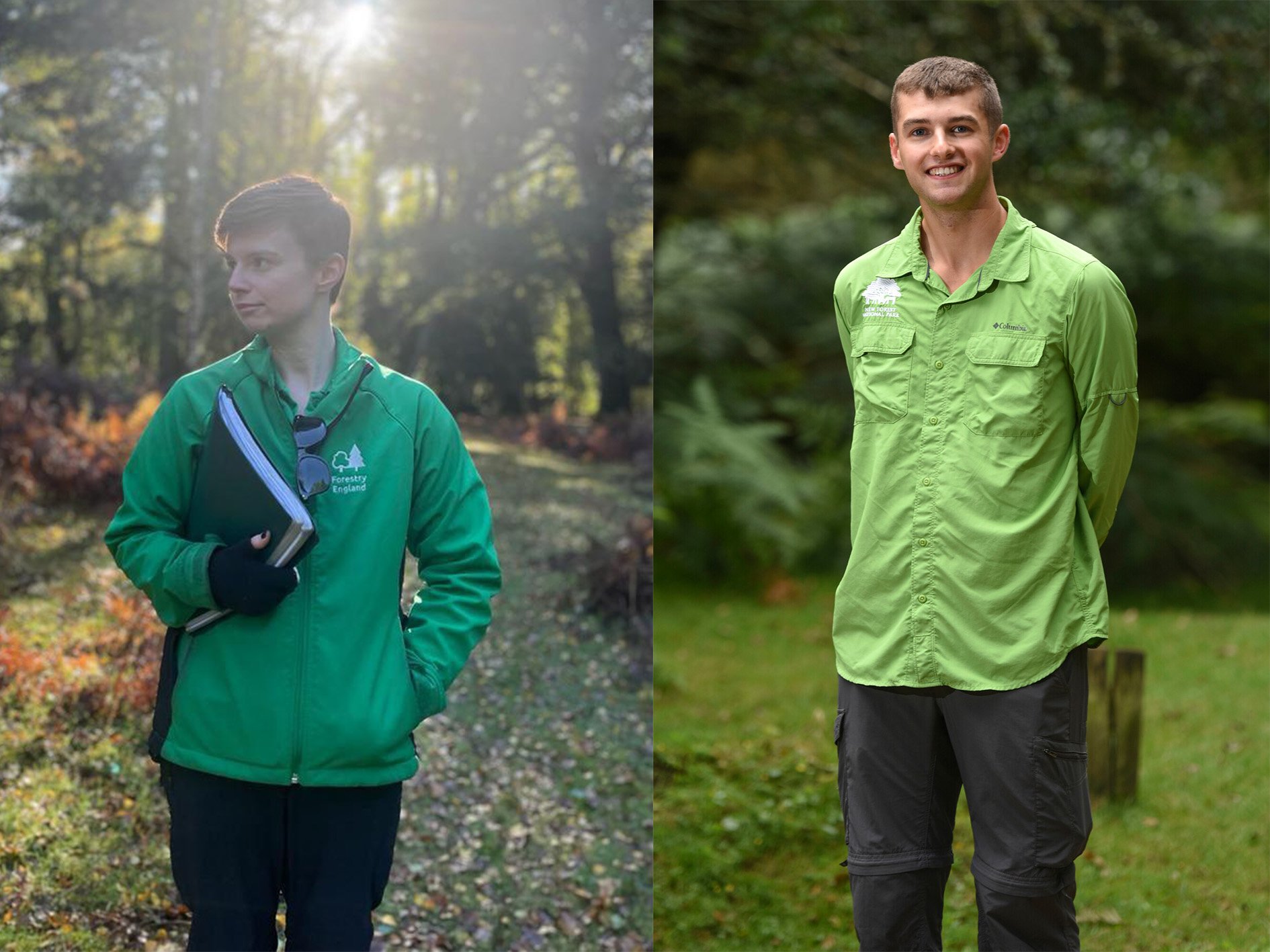 A combination of two pictures of former apprentice rangers. Beck is on the left in Forestry England uniform, Ben is on the right in NPA uniform