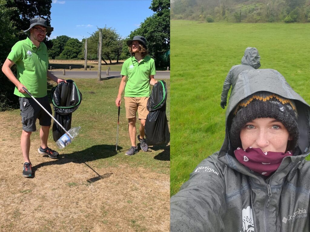 A combination of two pictures of former apprentice rangers Alistair and James on the left taking part in a litter pick on a sunny day. Current apprentice ranger Shona is on the right taking a selfie on a cold rainy day