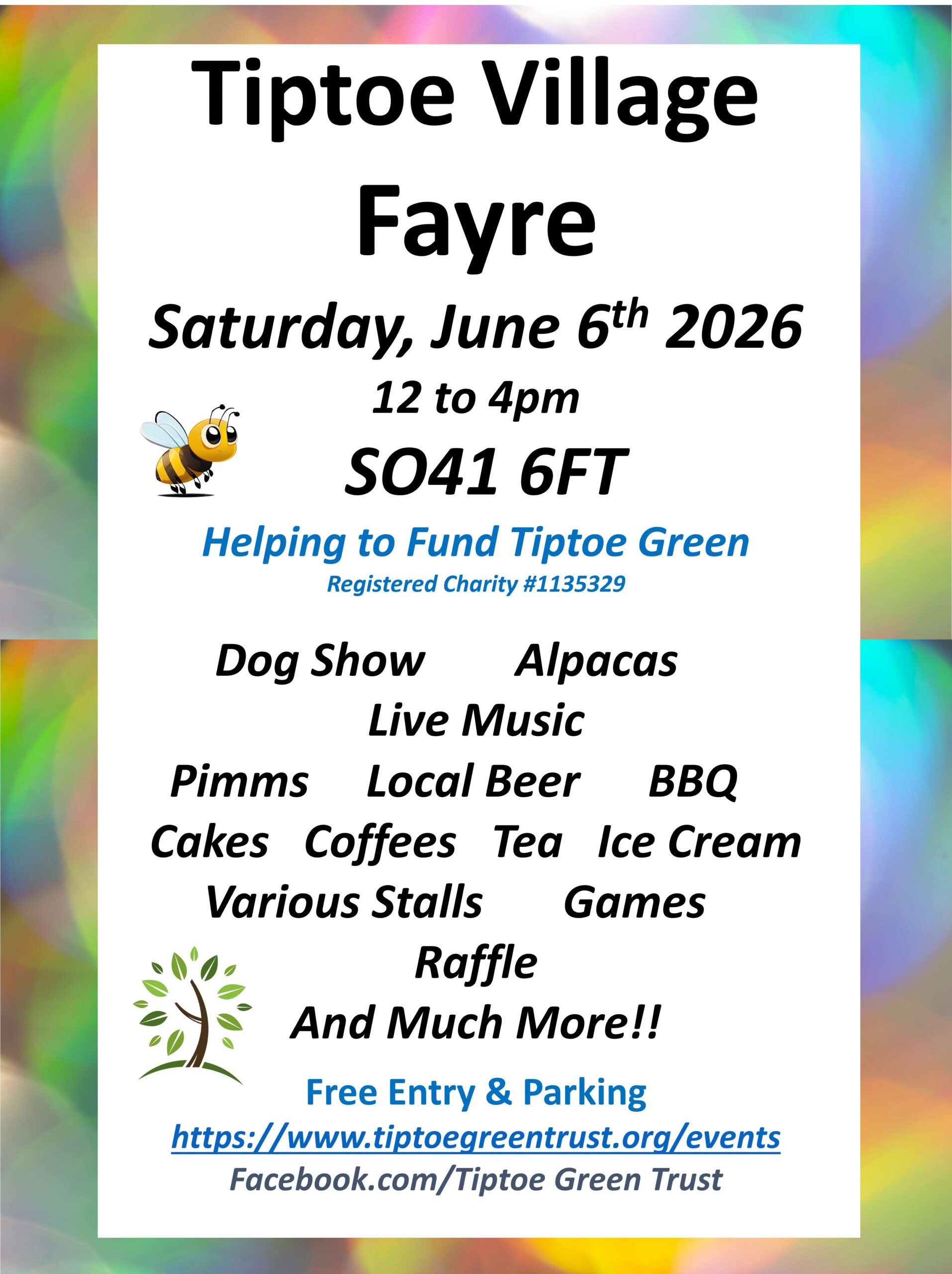Tiptoe Village Fayre poster: Sat 6 June 2026, 12–4pm, SO41 6FT, free entry and parking; dog show, alpacas, music, BBQ