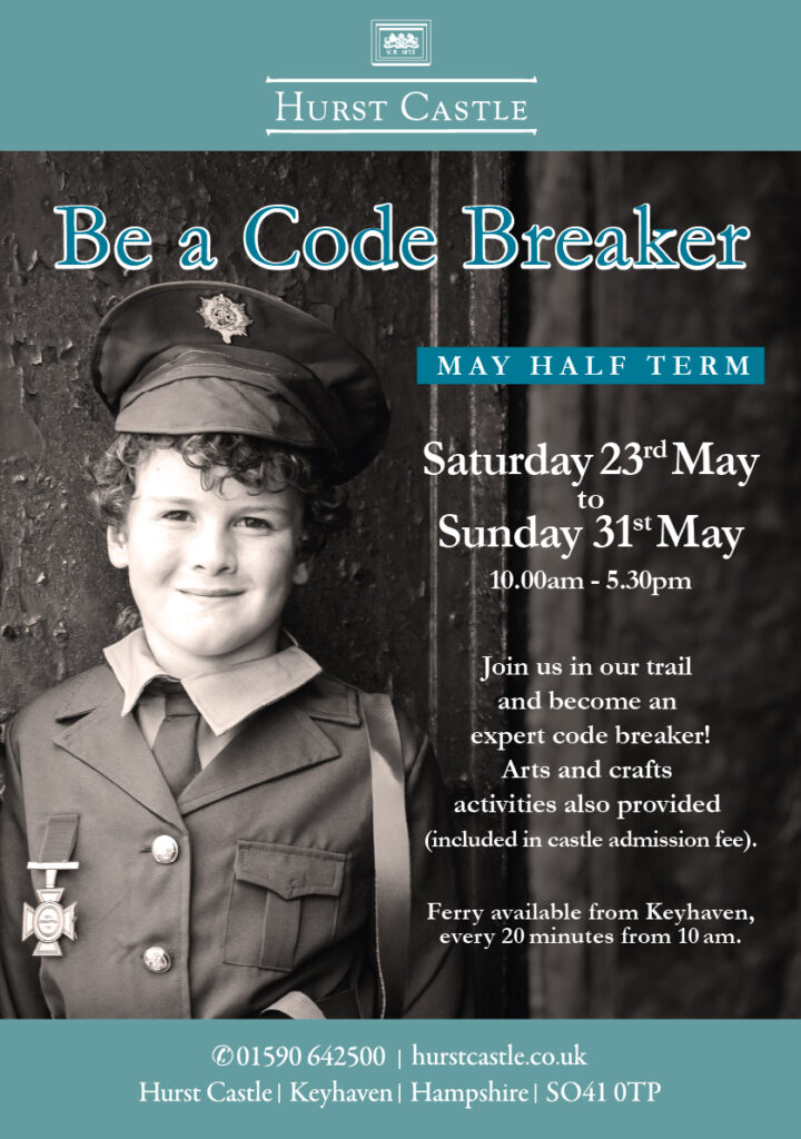 Hurst Castle leaflet: Be a Code Breaker May half term, Sat 23–Sun 31 May 10am–5:30pm, child in uniform photo