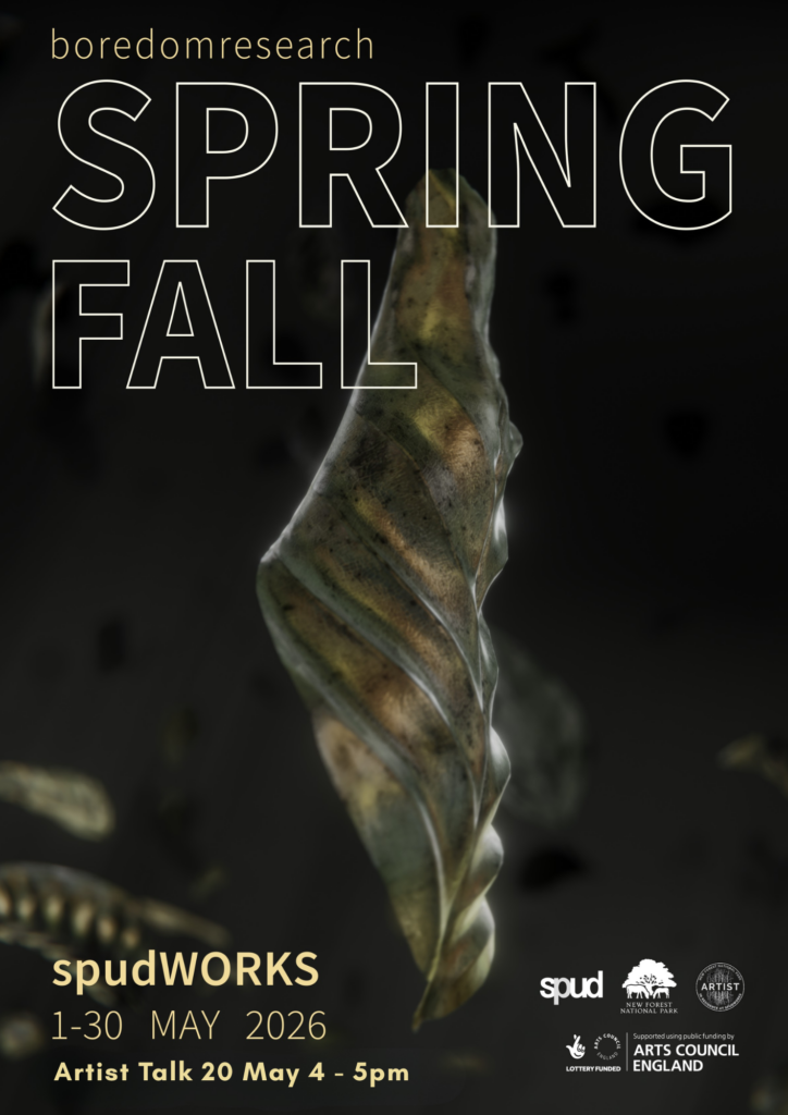 Poster for boredomresearch Spring Fall at spudWORKS, 1–30 May 2026; Artist Talk 20 May, 4–5pm, with cocoon photo and logos