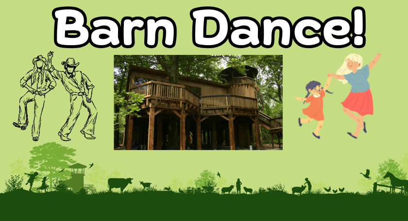Barn Dance banner with treehouse photo, dancing couple sketch, dancing woman and child illustration, and farm animal silhouettes on green background