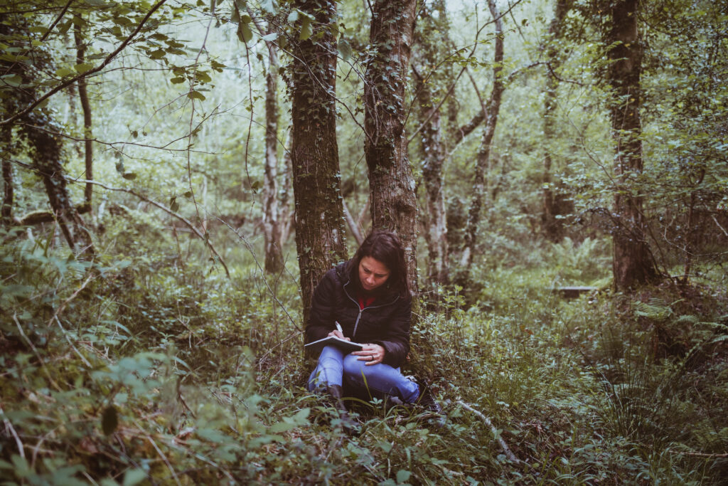 Person sits on the forest floor among trees and ferns, writing in a notebook