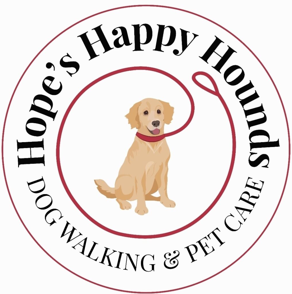 Hope's Happy Hounds New Forest logo with a golden dog and red lead in a circle, text: Dog Walking & Pet Care