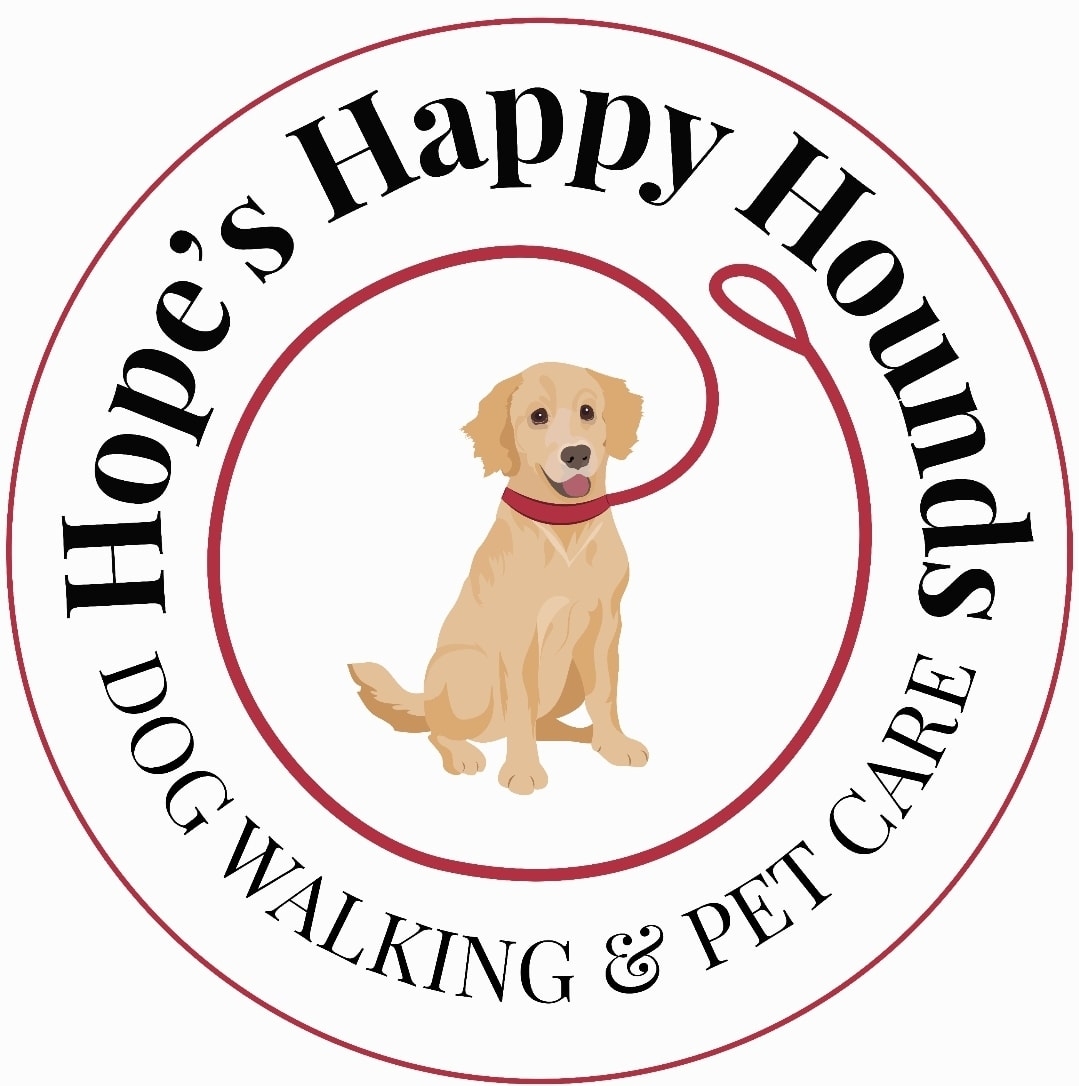 Hope's Happy Hounds New Forest logo with a golden dog and red lead in a circle, text: Dog Walking & Pet Care