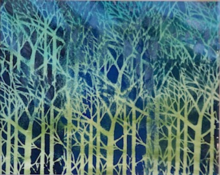 Abstract blue and green pattern of leafless tree silhouettes with overlapping branches