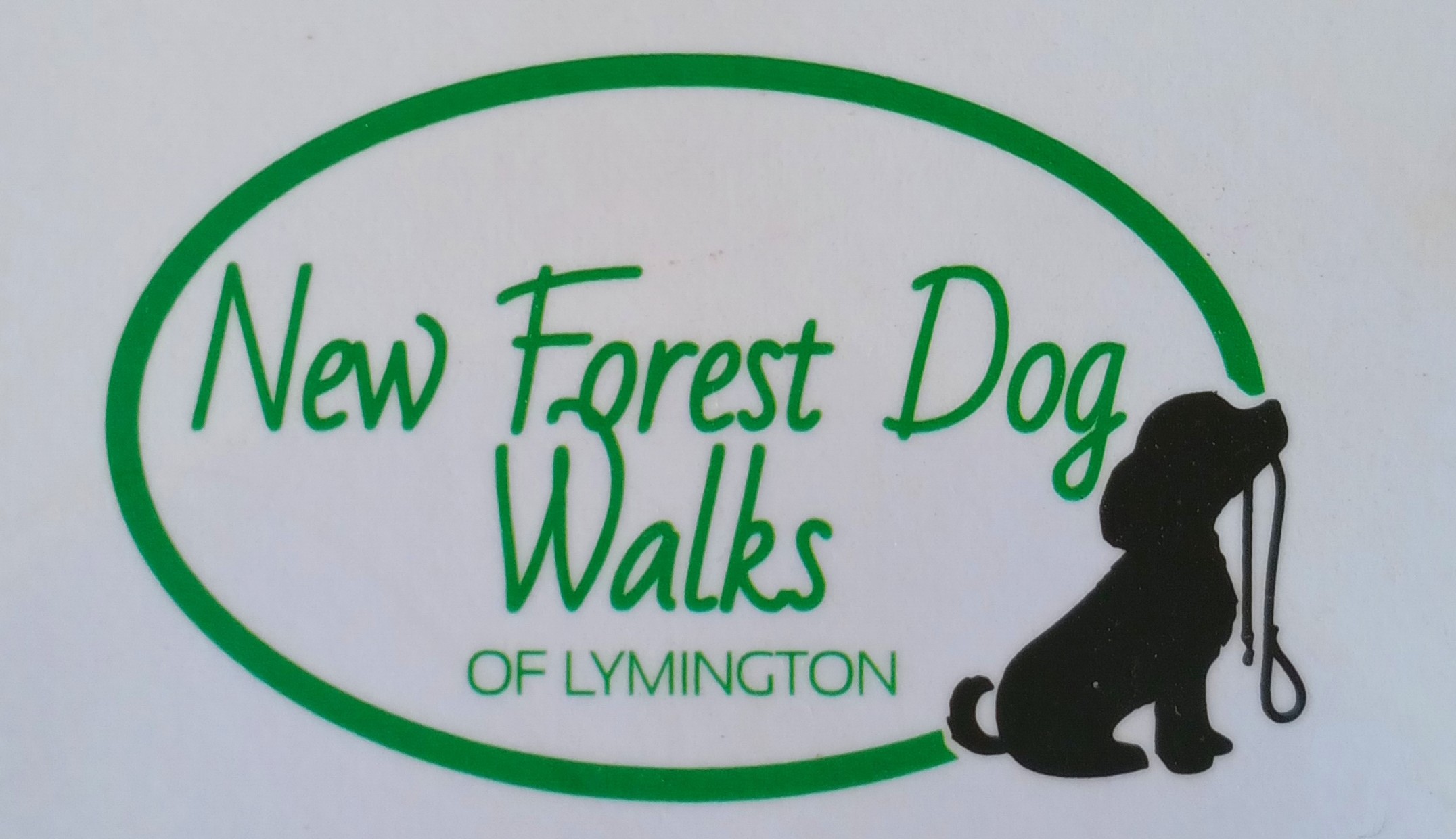 New Forest Dog Walks of Lymington logo with green oval border and black dog silhouette holding a leash