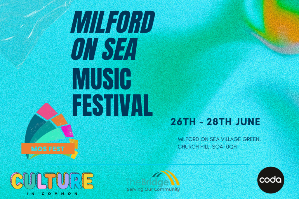 Poster for Milford on Sea Music Festival, 26–28 June, Milford on Sea Village Green, Church Hill, SO41 0QH