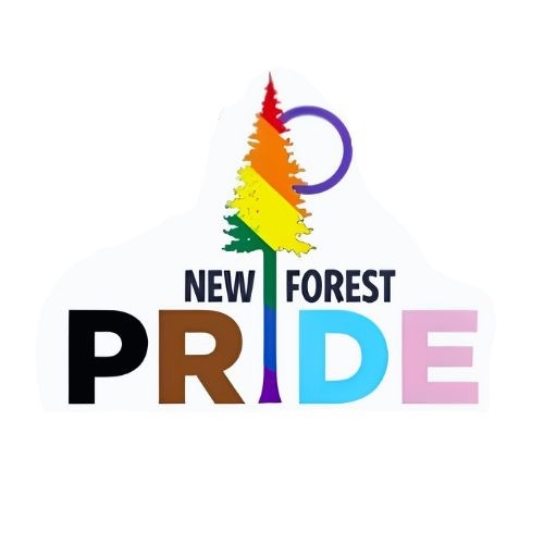 New Forest Pride logo with rainbow tree and text NEW FOREST PRIDE in multicolored letters