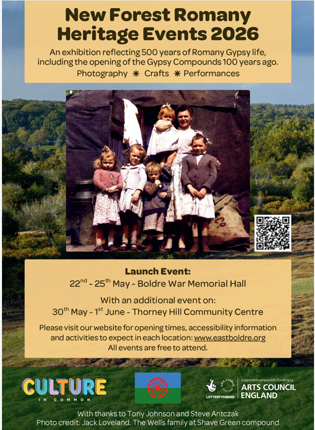 Poster for New Forest Romany Heritage Events 2026 with vintage family photo, event dates and venues, QR code, and website eastboldre.org