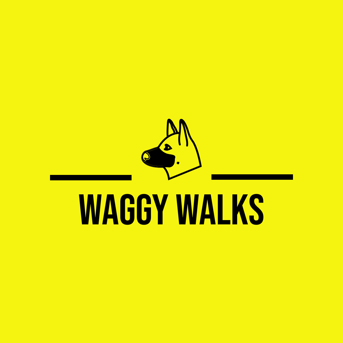 Waggy Walks logo with a black-and-white dog head icon above bold text on a yellow background